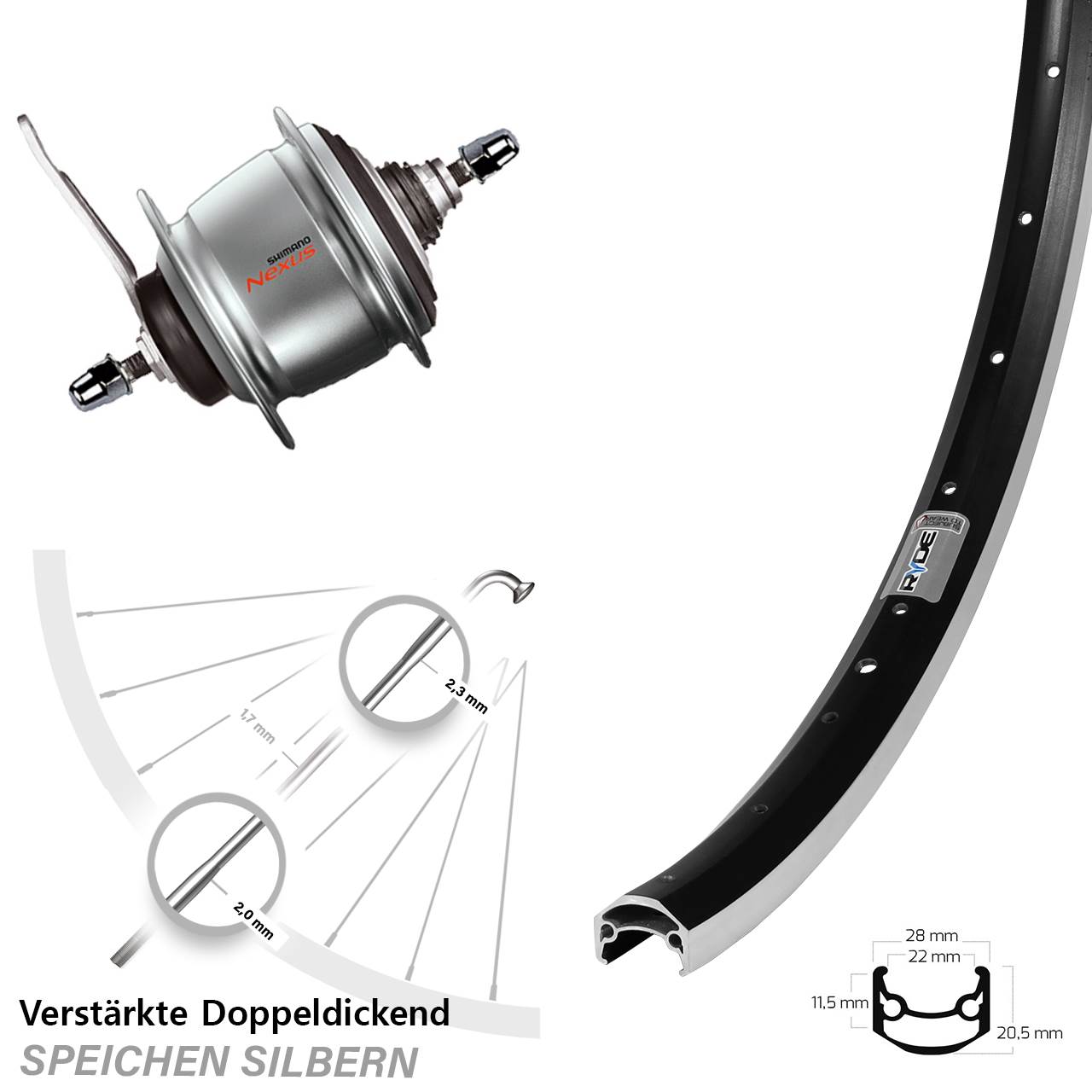 27,5 Zoll Ryde Andra 35 Shimano Nexus 8 Gang Hinterrad mit Rücktrittbremse