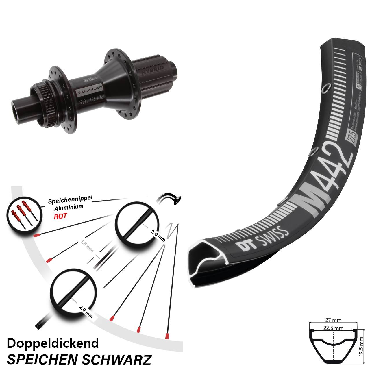 DT Swiss M442-370 Hybrid 28 Zoll Centerlock Hinterrad 12x142 8-11 fach