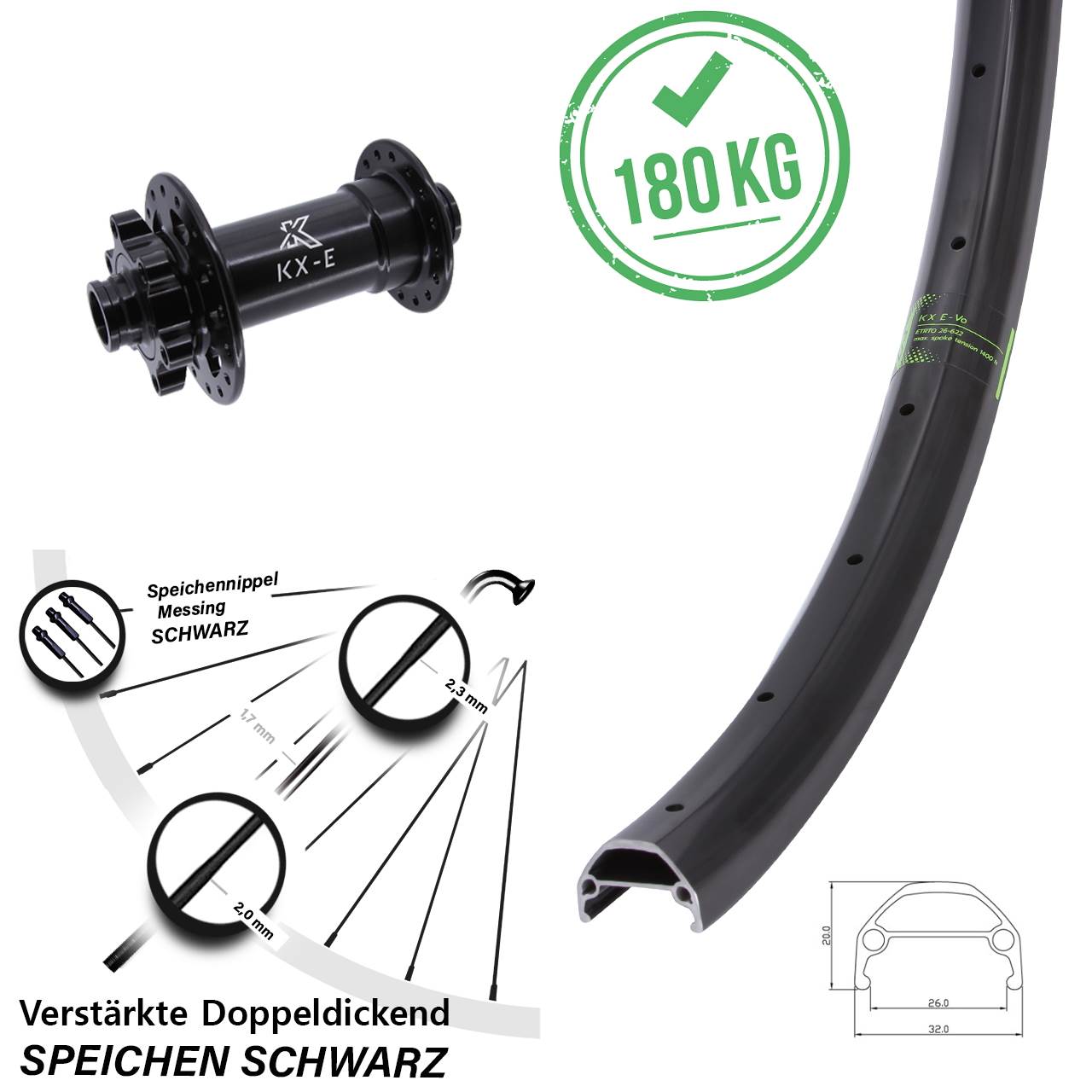 27,5 Zoll KX Evo E-Bike 4-fach gelagert Disc Vorderrad 15x110 Boost